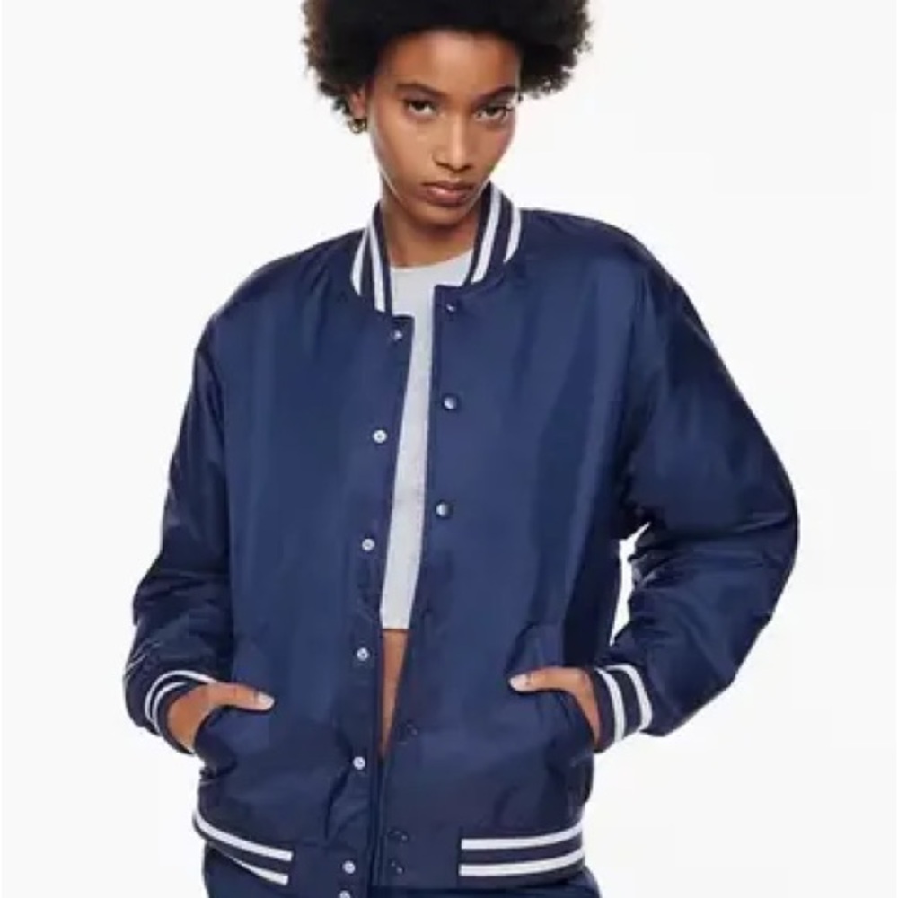 Tna Varsity‎ Bomber Jacket Navy Blue White Stripe Ribbed Collar Cuffs Hem Size S